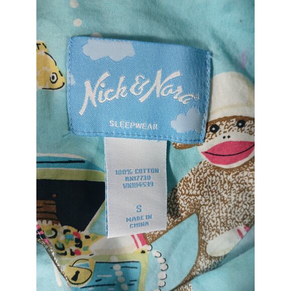 Nick & Nora Pajama Set Womens Small Blue Flannel Sock Monkey Mermaid Ocean Sea - Picture 2 of 14